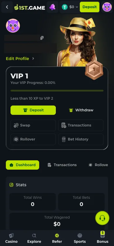 The 1st.game profile screen with VIP progress, shortcuts and account statistics