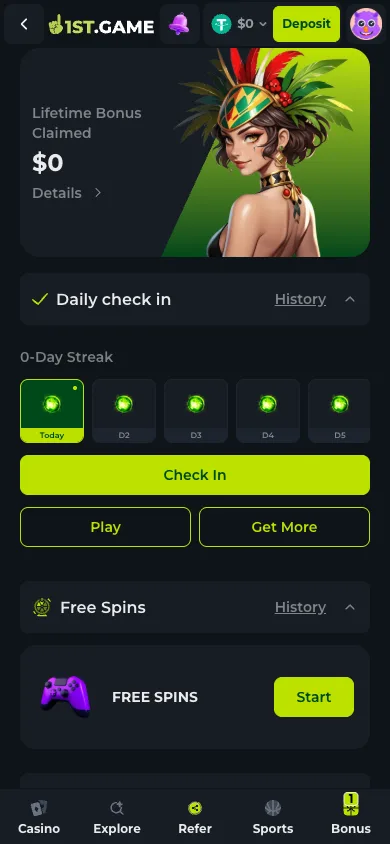The 1st.game bonus screen with the daily check-in calendar and free spins