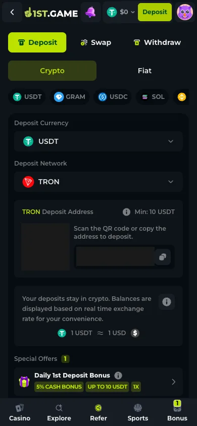 The crypto deposit tab at 1st.game with USDT selected on the TRON network