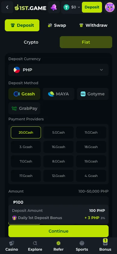 The fiat deposit tab showing GCash, Maya, GoTyme and GrabPay for Philippine pesos
