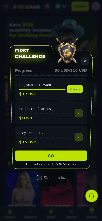 The First Challenge panel at 1st.game listing three starter tasks above a progress bar