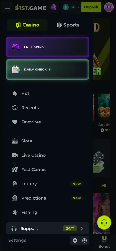 The 1st.game side drawer listing Slots, Live Casino, Fast Games and more