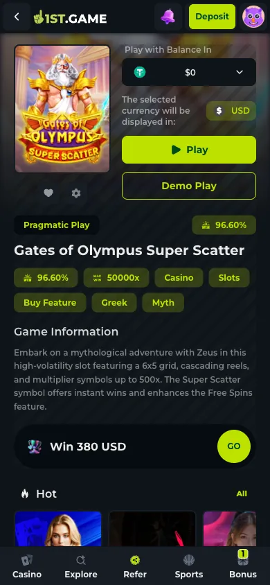 A slot page at 1st.game showing RTP, max win and a Demo Play button