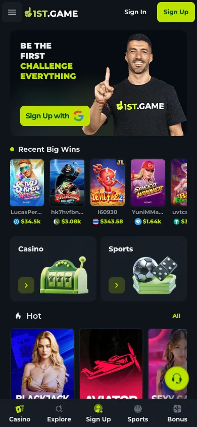 The logged-out 1st.game home screen with Sign In and Sign Up in the header