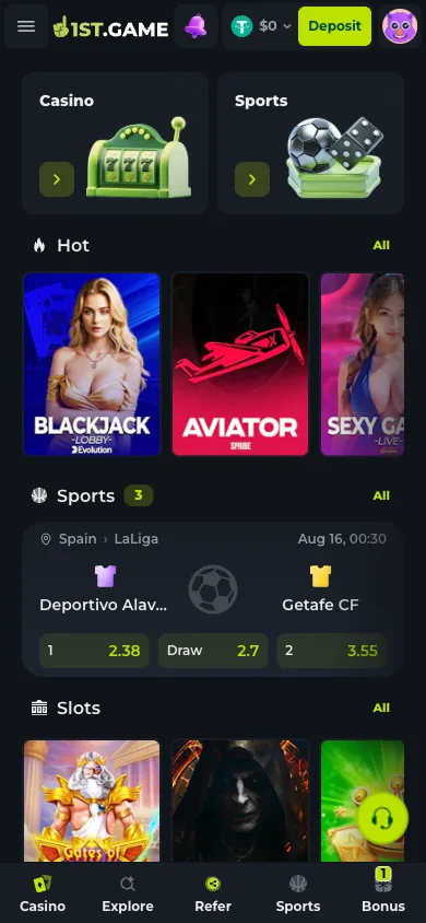 Our own phone screenshot of the 1st.game lobby on 3 August 2026, with a casino strip stacked above a sports strip and a slots row.
