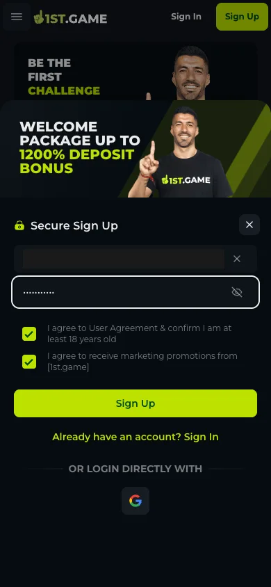 The Secure Sign Up panel at 1st.game with its email and password fields filled in