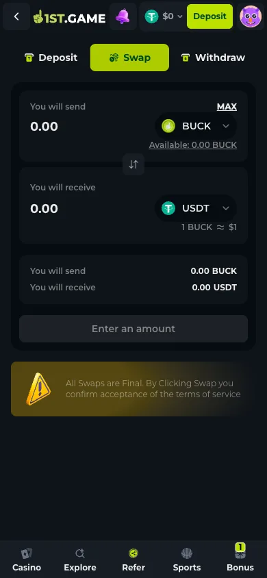The Swap tab at 1st.game, which converts between coins already held in the account