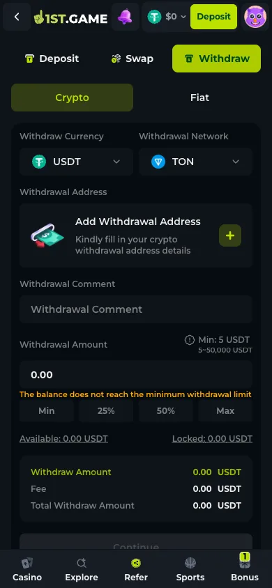 The 1st.game withdrawal screen with the minimum, fee line and balance rows